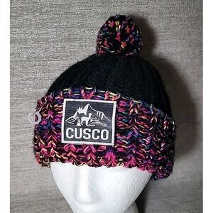 Cusco Knit Cuffed Pom Pom Beanie Winter Hat Black Multi Color EUC